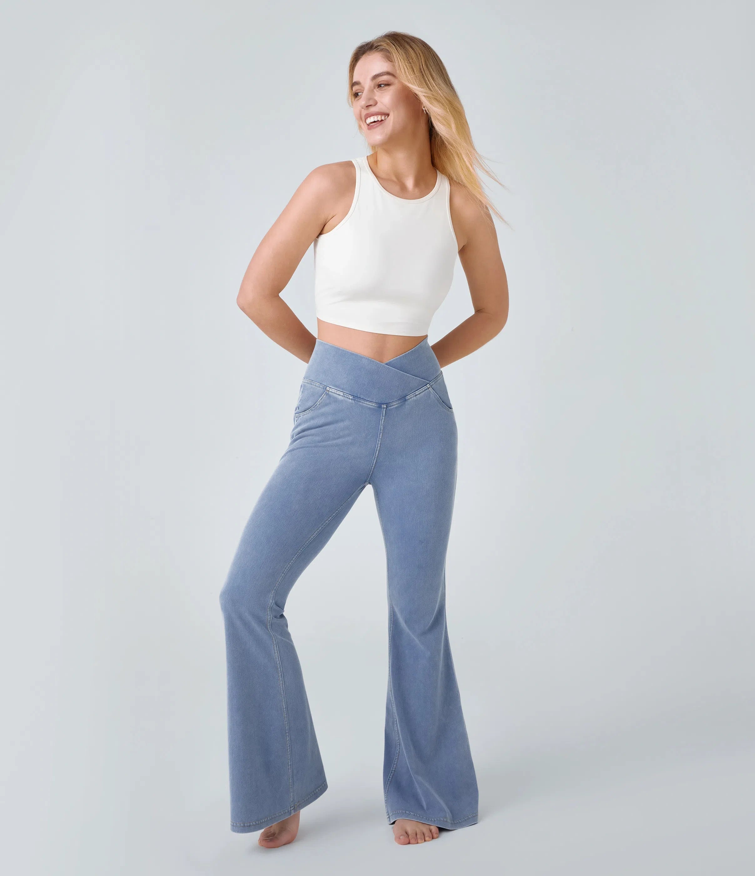 ⚡High Waisted Crossover Pocket Washed Stretchy Knit Casual Super Flare Jeans⚡
