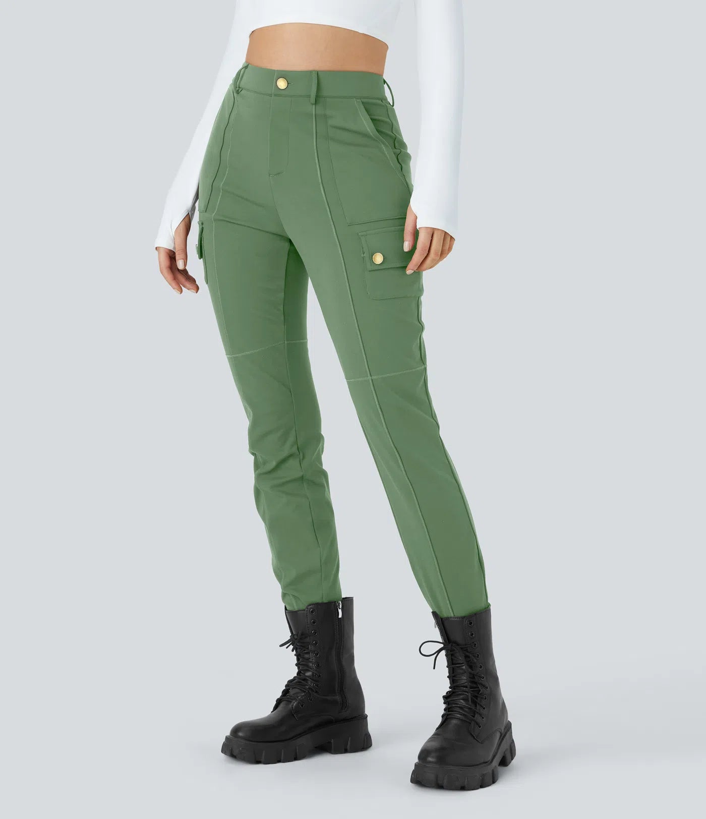 ⏰Huge Spring Discount! High Waisted Button Zipper Multiple Pockets Solid Skinny Cargo Pants
