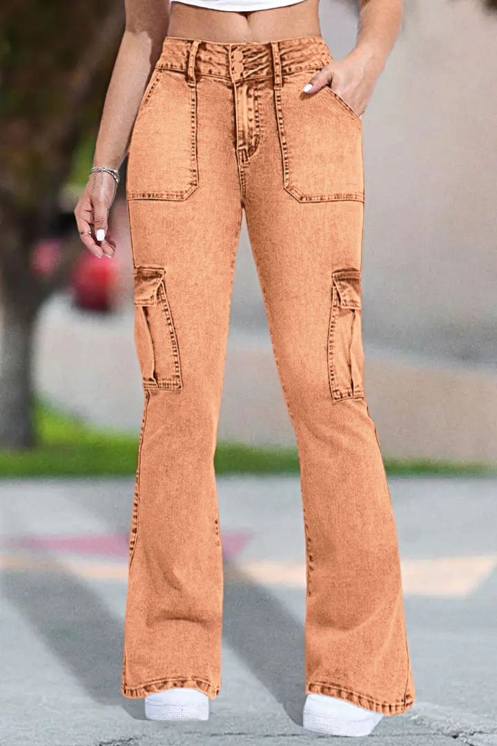 ⚡Last Chance Deal⚡- Multi Pocket Double Button Mid Rise Flare Cargo Jeans