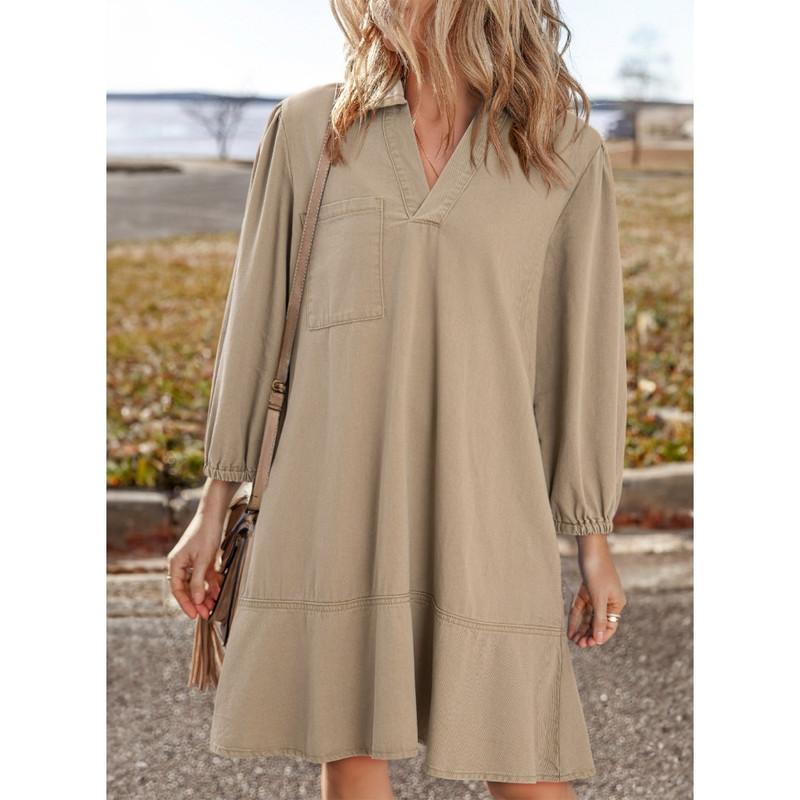 Denim Dress for Women Fashion Fall Casual Babydoll 2025 V Neck 3/4 Puff Sleeve Jean Dresses