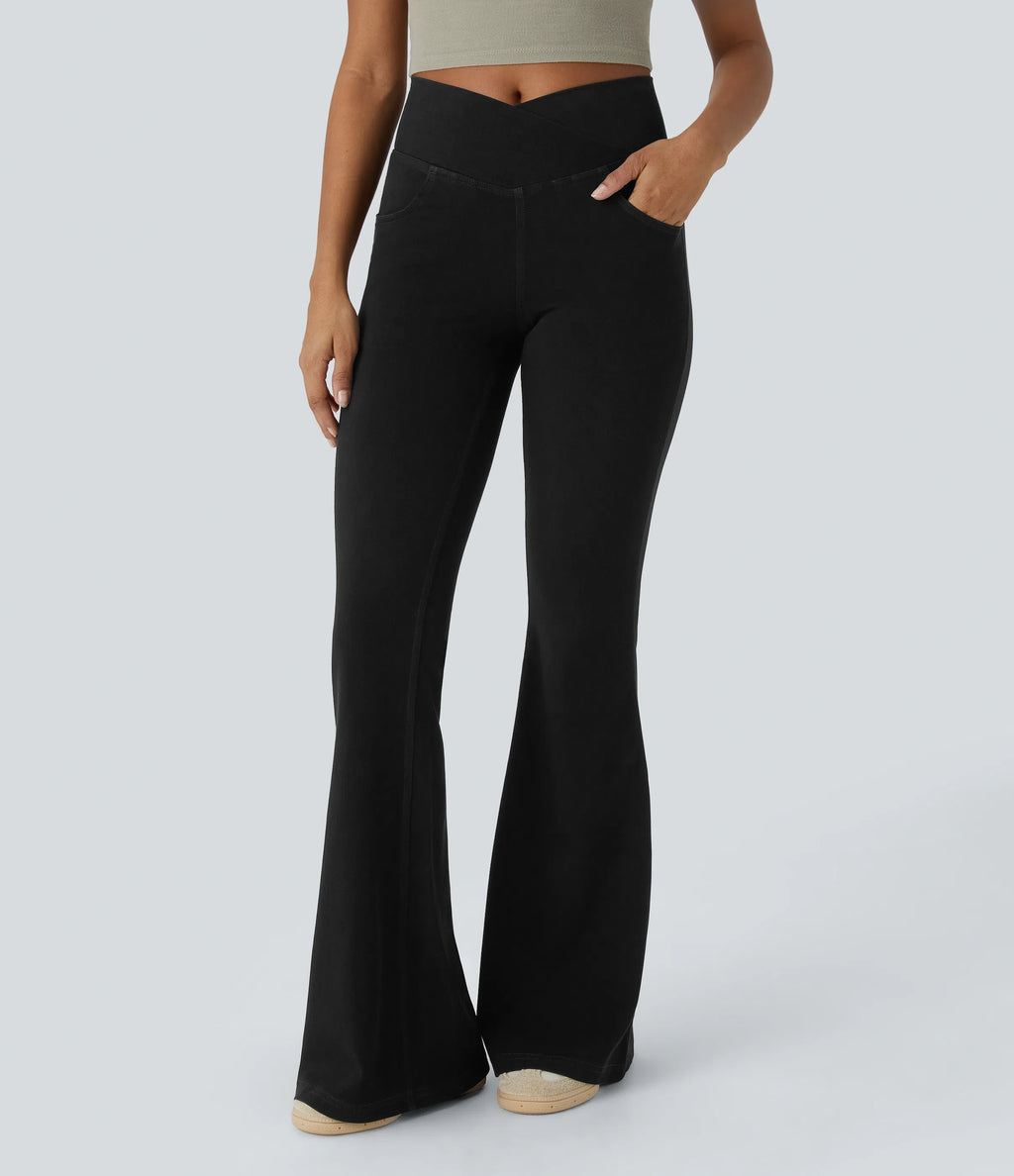 High Waisted Crossover Pocket Washed Stretchy Knit Casual Super Flare Jeans