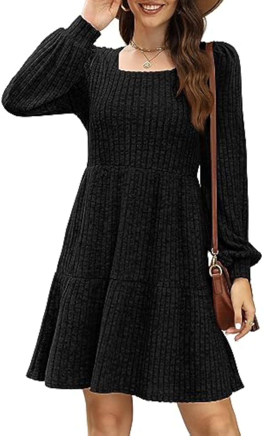 🔥Womens Square Neck Long Sleeve Fall Dresses Casual Babydoll Sweater Dress