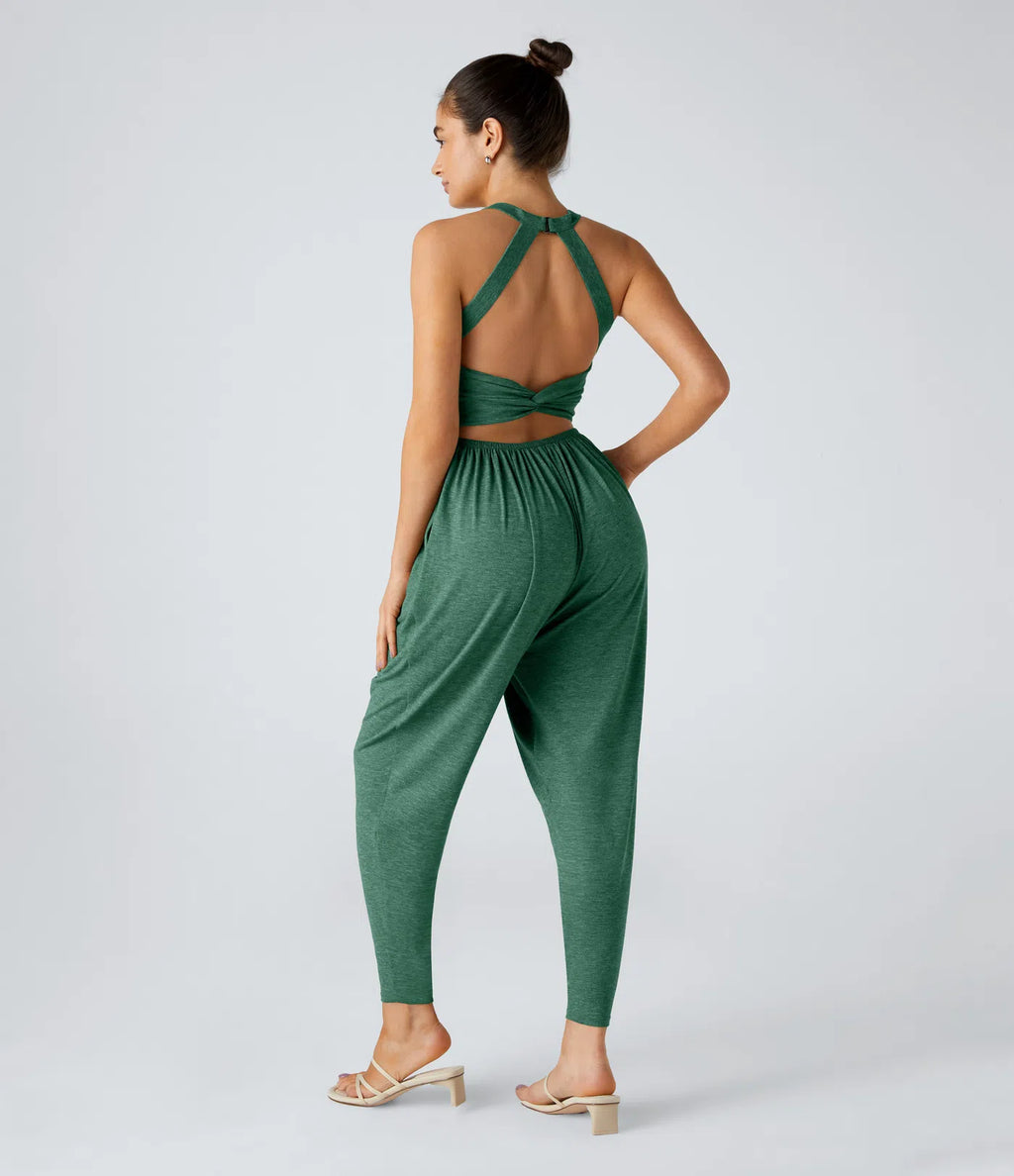 💝Last day promotion-⏰Backless Twisted U Neck Side Pocket Harem Casual Jumpsuit-Easy Peezy Edition