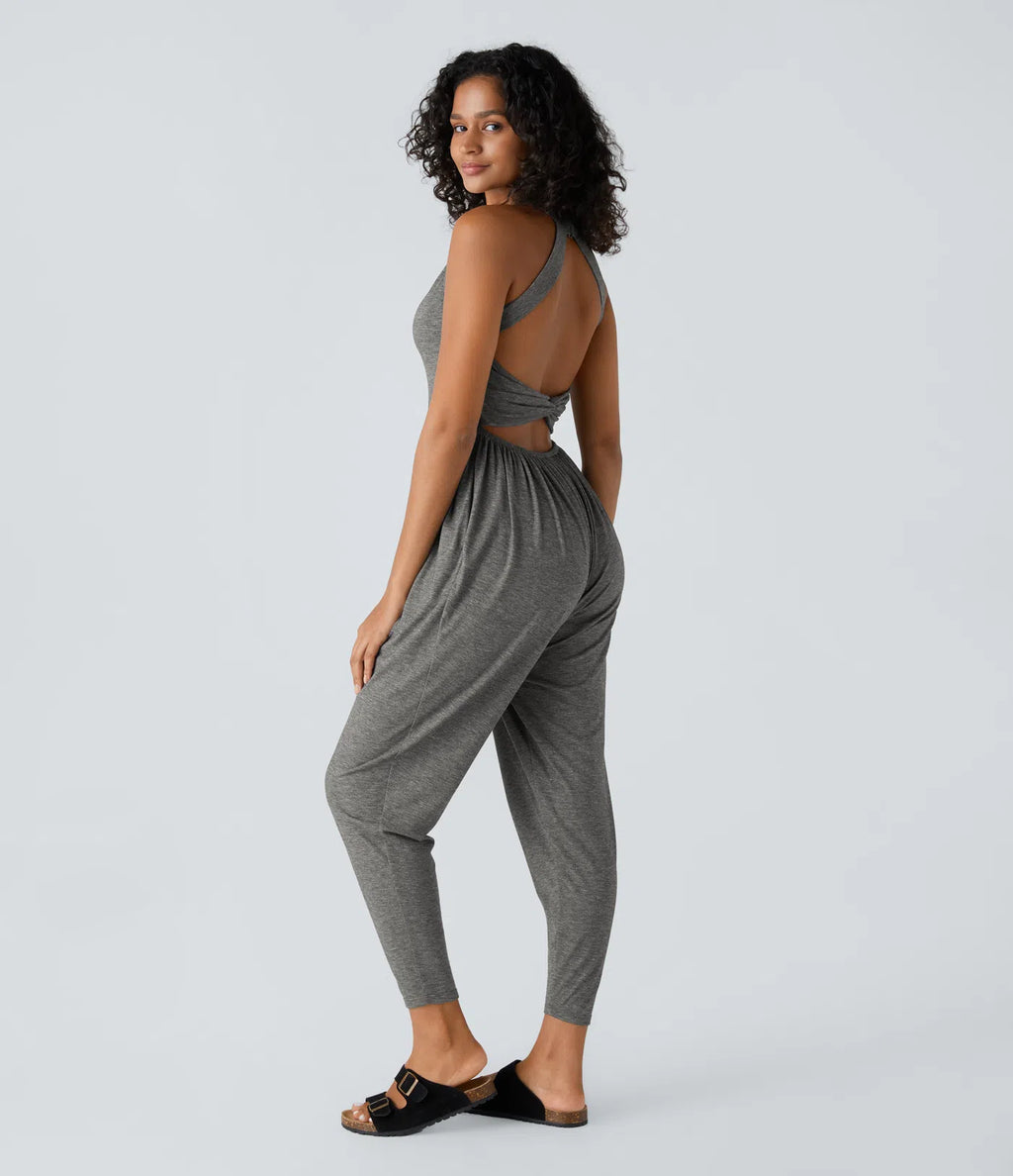 💝Last day promotion-⏰Backless Twisted U Neck Side Pocket Harem Casual Jumpsuit-Easy Peezy Edition