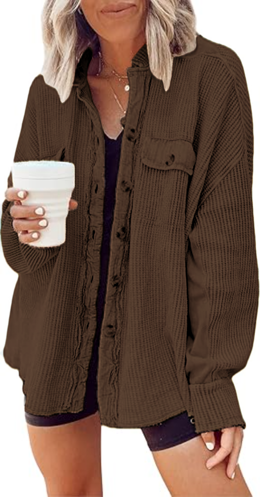 Women's Loose Fit Batwing Sleeve Waffle Knit Button Down Shirt Shacket Tops