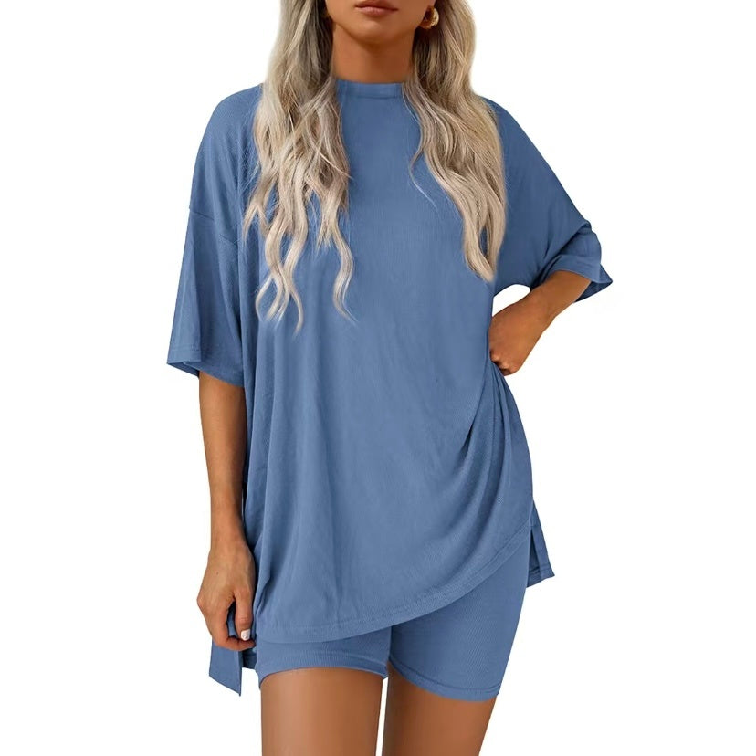 Women's Two Piece Lounge Set 2025 Summer Casual Oversized Shirts Biker Shorts Matching Airport Travel Outfit Split Hem