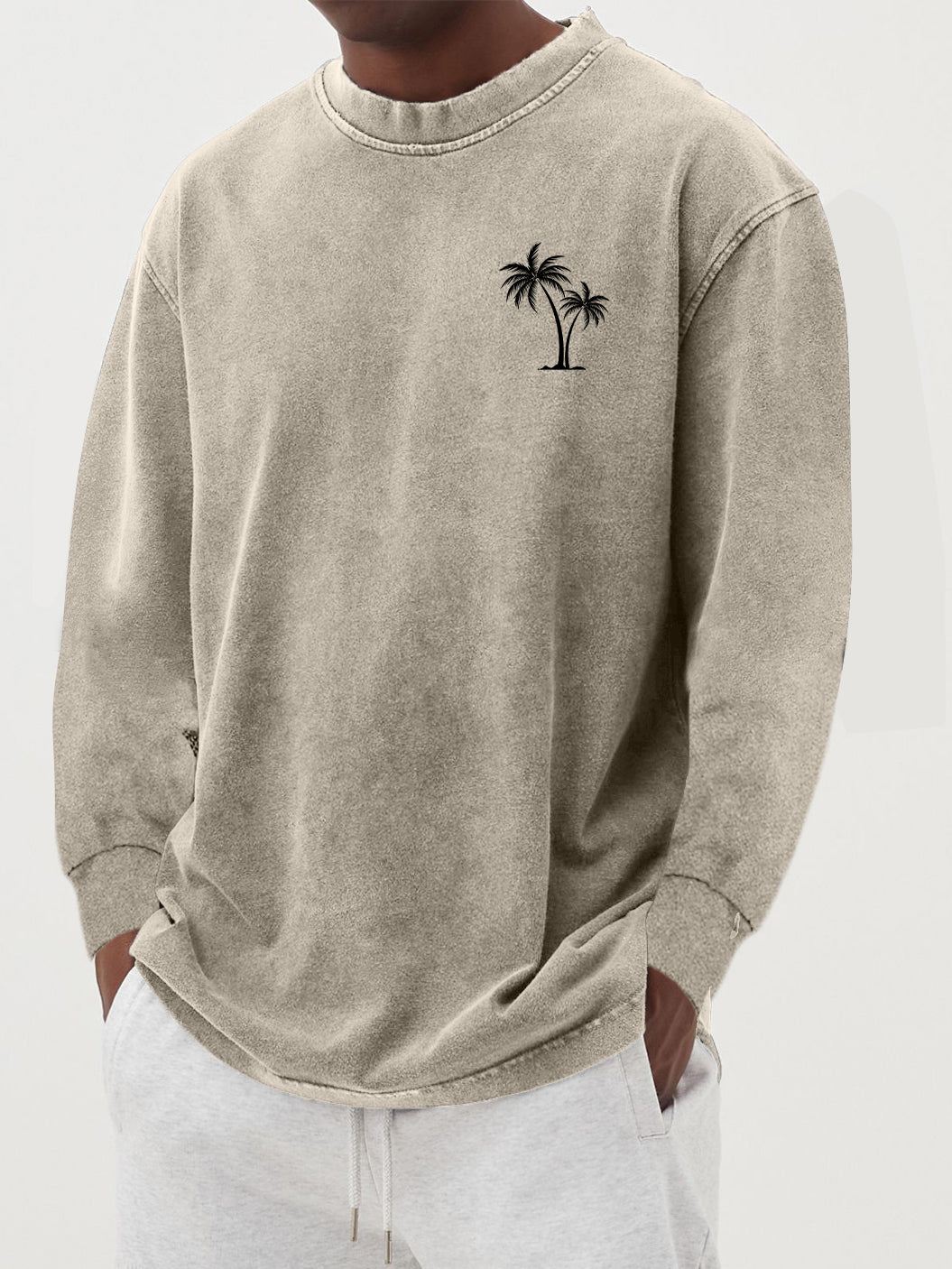 Men's 100% Cotton Vintage Washed Distressed Palm Tree Long-sleeved T-shirt