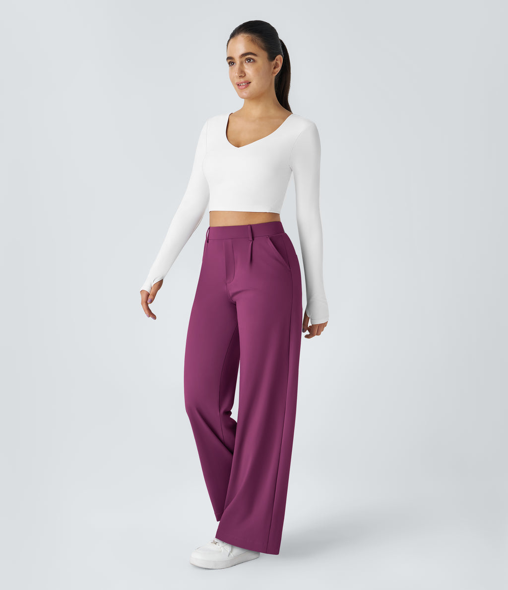 Factory Outlet - High Waisted Side Pocket Straight Leg Work Suit Pants