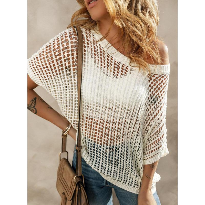 🎁 Womens Summer Scoop Neck ShortSleeve Sweater Casual Crochet Hollow Out KnitTops