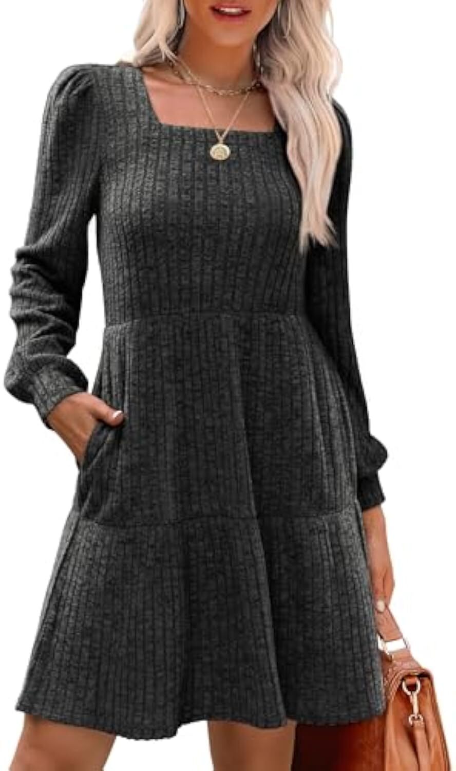🔥Womens Square Neck Long Sleeve Fall Dresses Casual Babydoll Sweater Dress
