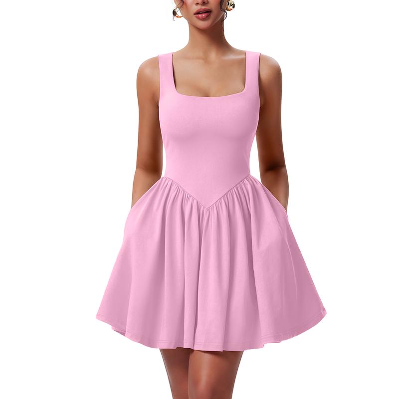 OYS Women's Summer Sleeveless Square Neck A-line Ruffle Hem Mini Tank Dress With Pockets