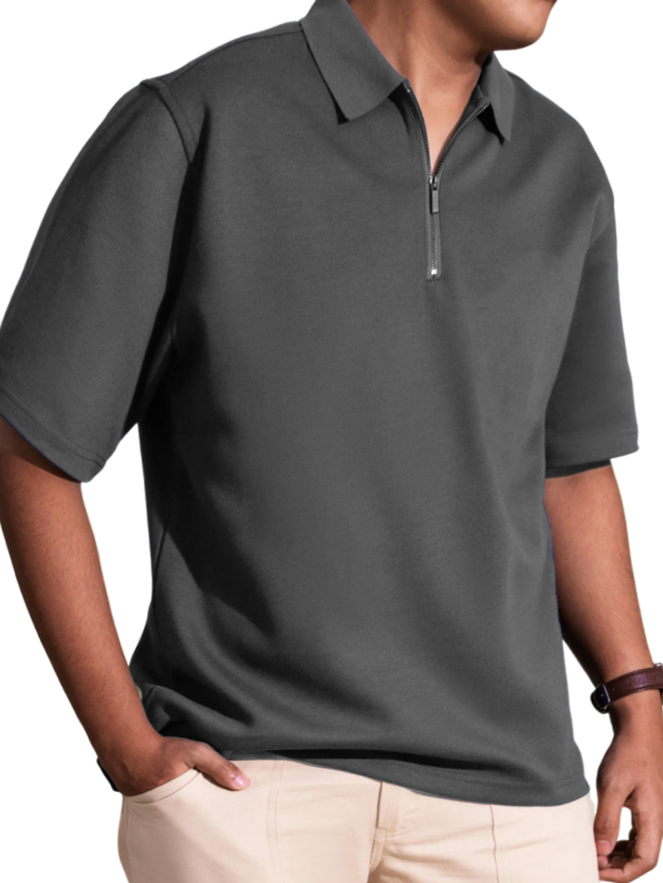 Men's Casual Comfort Zip Short Sleeve Polo Shirt