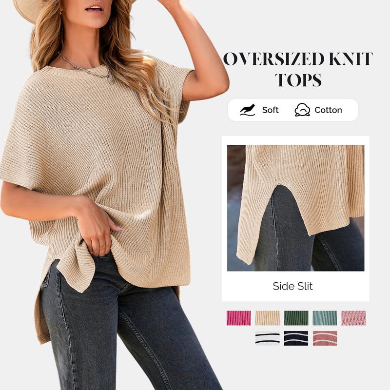 2025 Summer Women's Casual Crew Neck Drop Shoulder Loose Fit Short Sleeve Knit Pullover