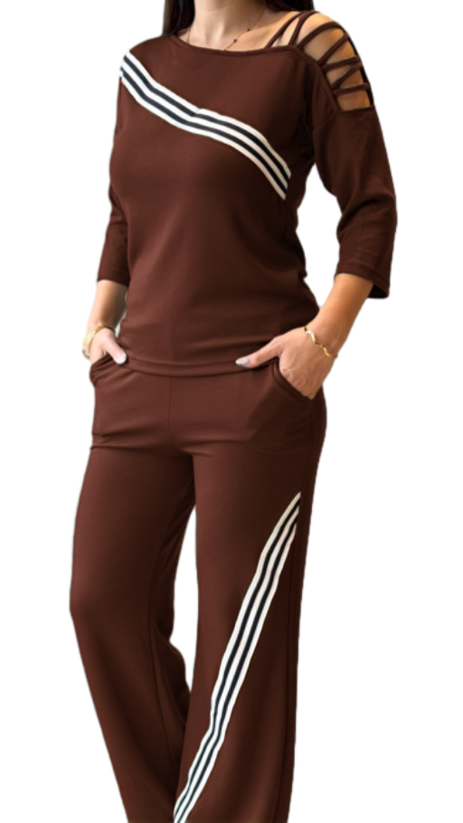 Women's Black Tracksuit with Shoulder Stripe and Ribbon Detail