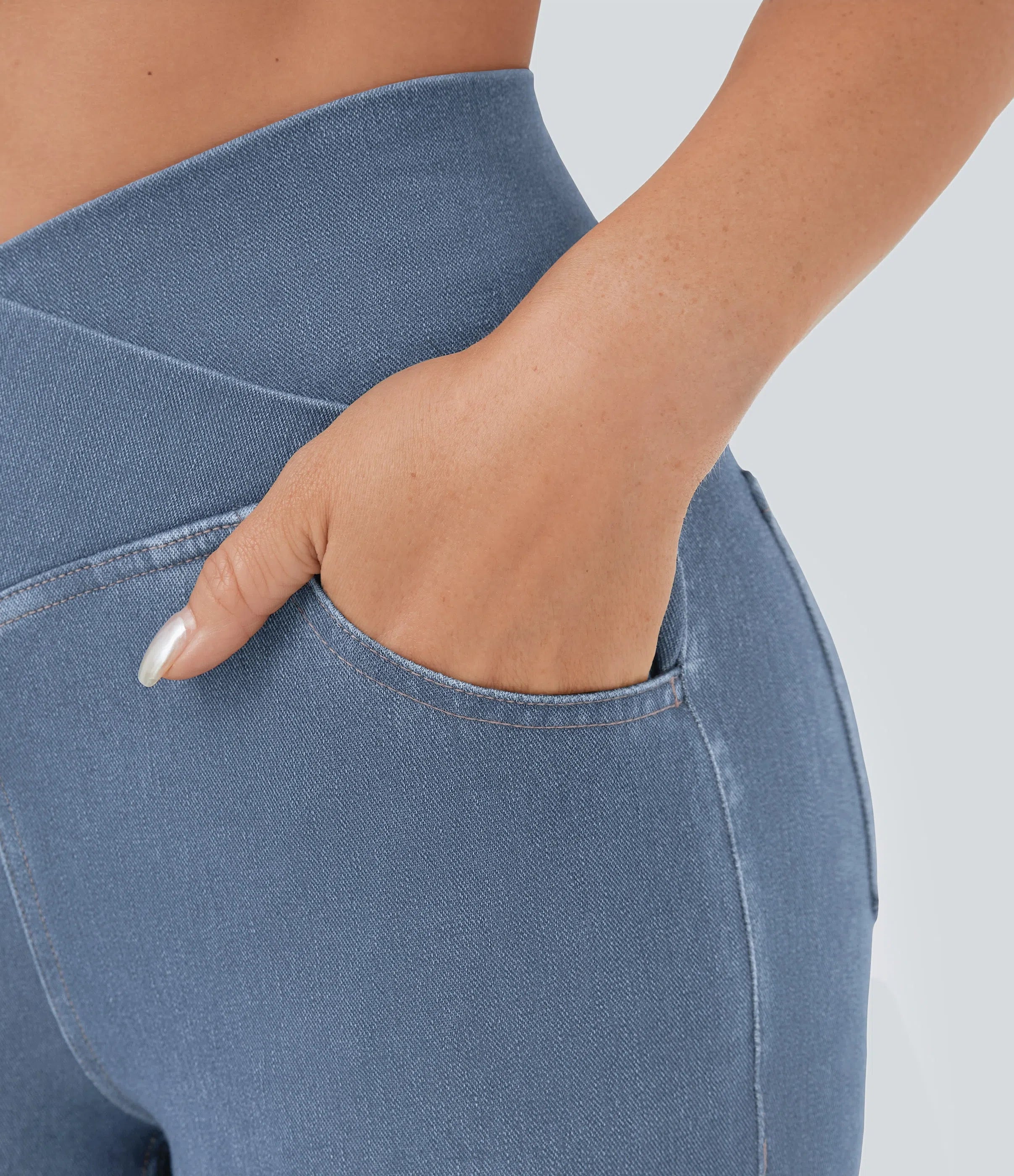 High Waisted Crossover Pocket Washed Stretchy Knit Casual Super Flare Jeans