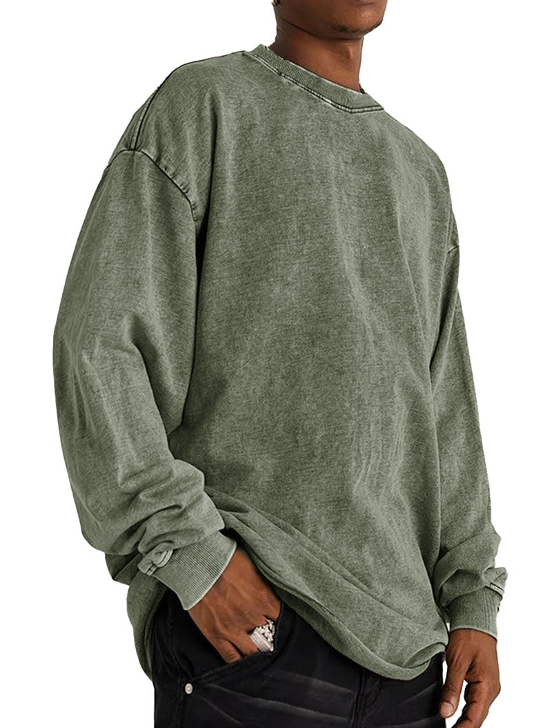 Men's Fashion Vintage Washed Cotton Round Neck Long Sleeve T-Shirt