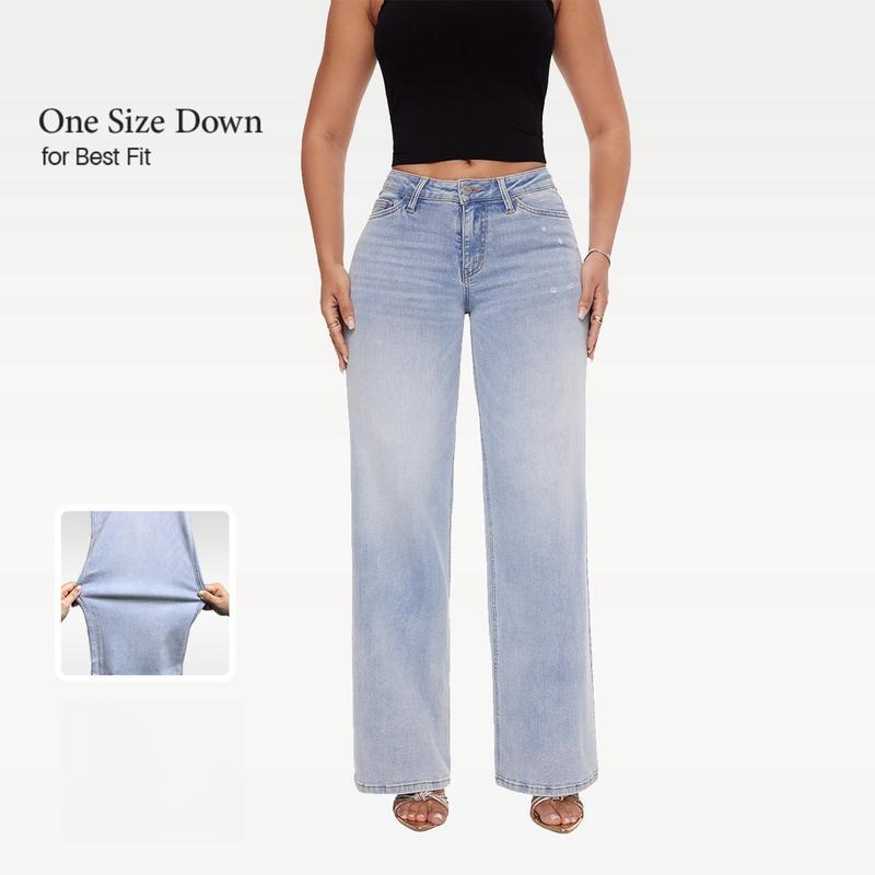 Women’s Distressed Wide Leg Baggy Jeans Mid-Low Waist Pants