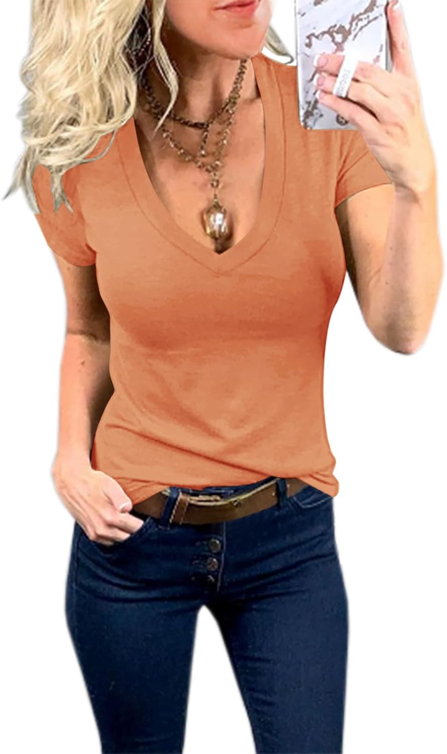 Womens Summer Sexy Short Sleeve Tshirt Tops Deep V Neck Shirts Casual Slim Fit Basic T-Shirt Tee