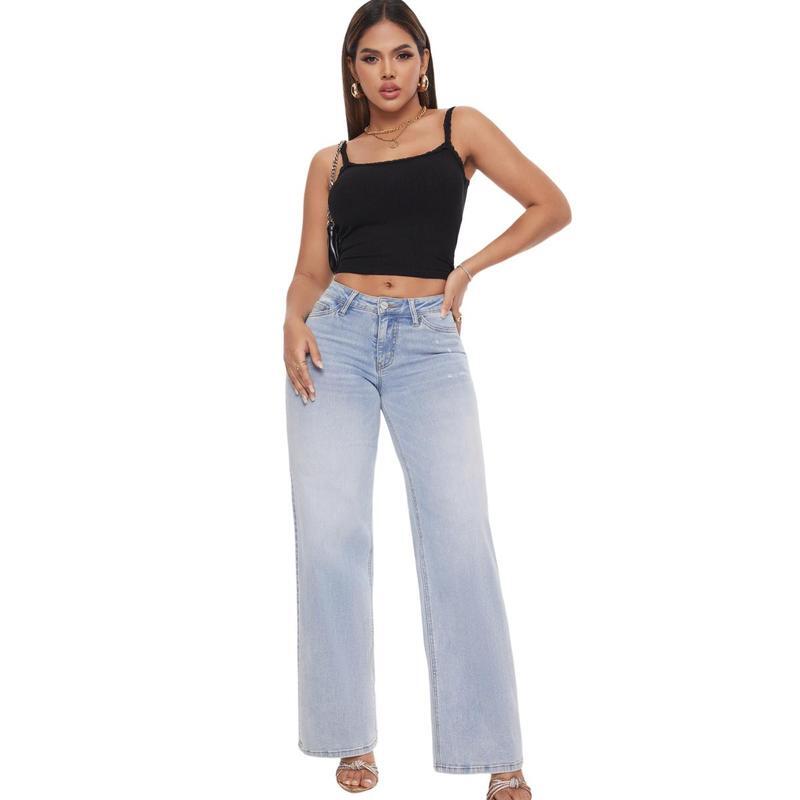 Women’s Distressed Wide Leg Baggy Jeans Mid-Low Waist Pants