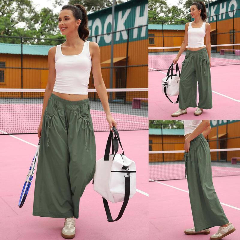Women's Loose Wide Leg Track Pants Drawstring Pockets Elastic Waist Capri Hiking Pants