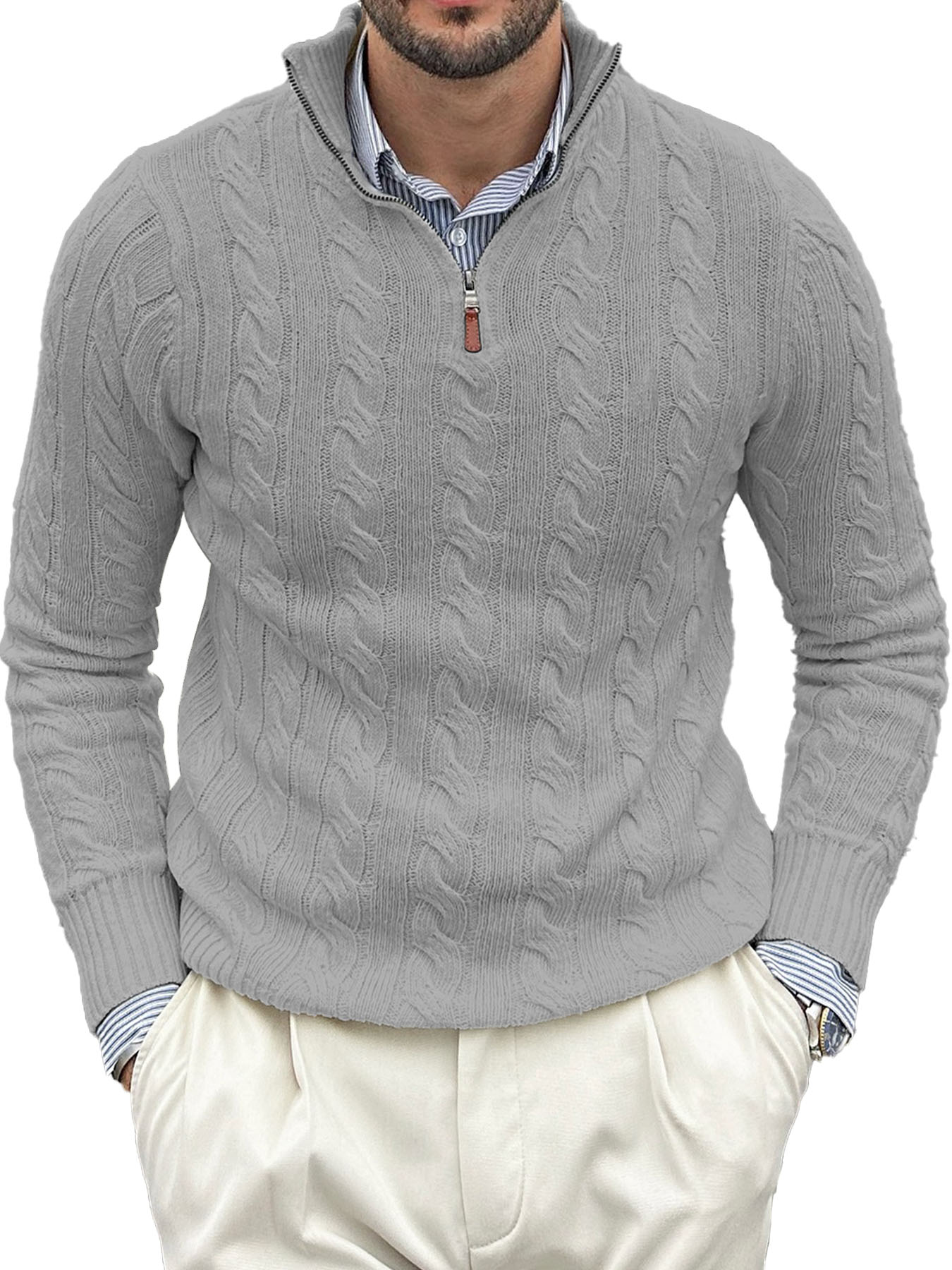 Men's Fashion Casual Stand Collar Twist Long Sleeve Zipper Sweater