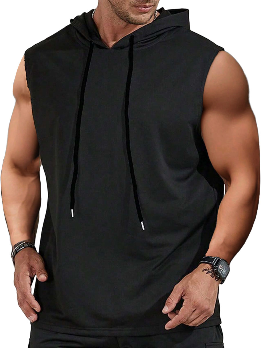 Men's Sports Casual Solid Color Shirt Hooded Tie Sleeveless T-shirt