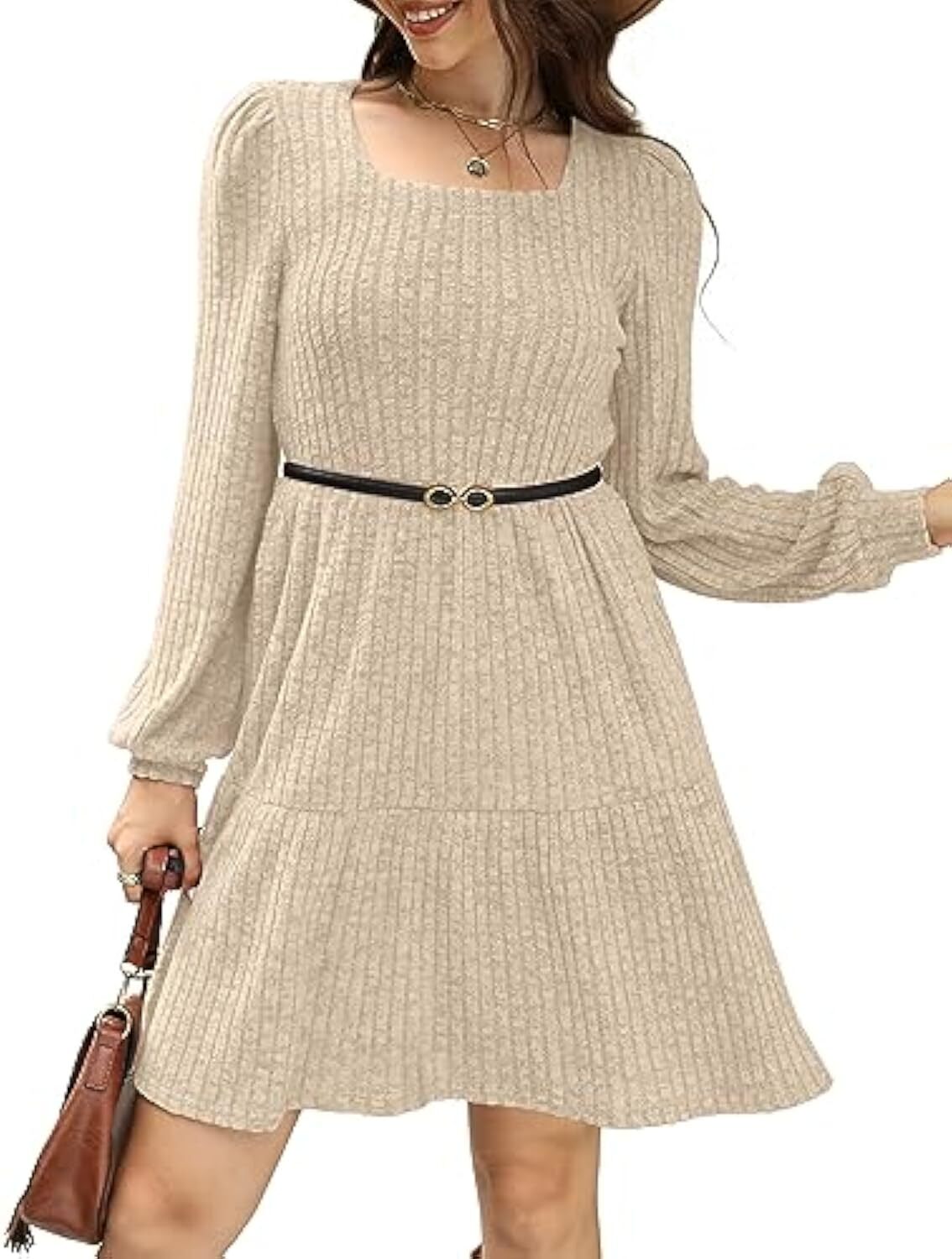 🔥Womens Square Neck Long Sleeve Fall Dresses Casual Babydoll Sweater Dress