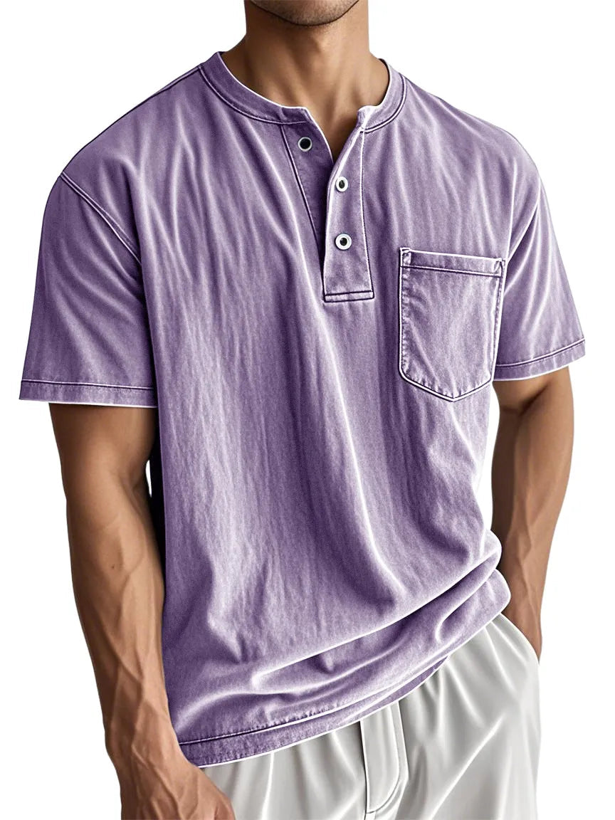 Men's Stylish Washed Distressed Cotton Vintage Casual Pocket Henley Shirt