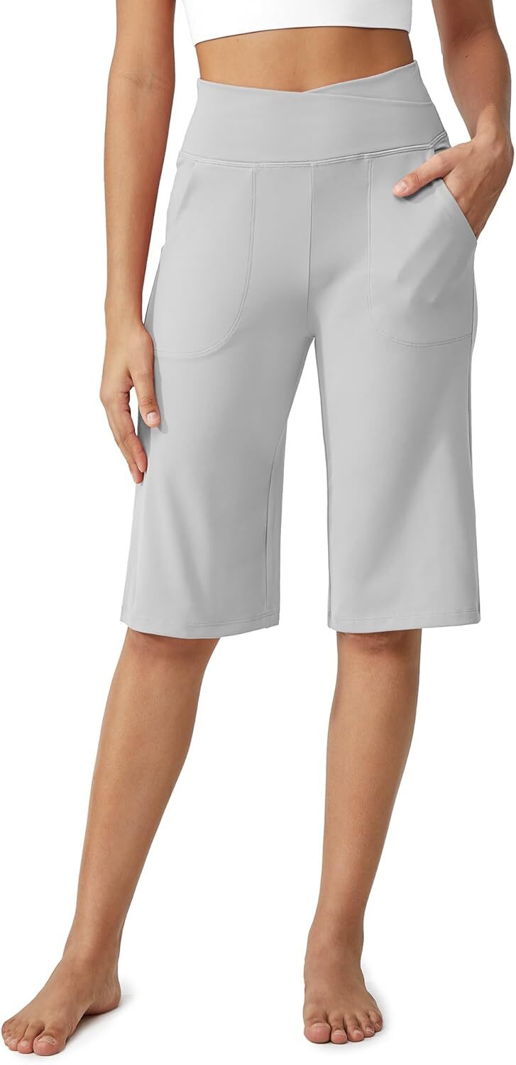 Capri Pants for Women -Knee Length Wide Leg Yoga Capris Dressy Casual Summer Crop Pants with Pockets