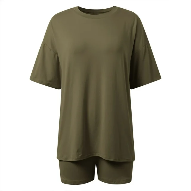 Women's Two Piece Lounge Set 2025 Summer Casual Oversized Shirts Biker Shorts Matching Airport Travel Outfit Split Hem