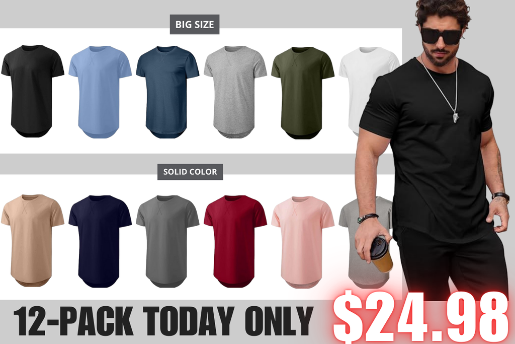 🔥🔥Men's 12-Pack Cotton Hipster Hip Hop Longline Crewneck T-Shirt