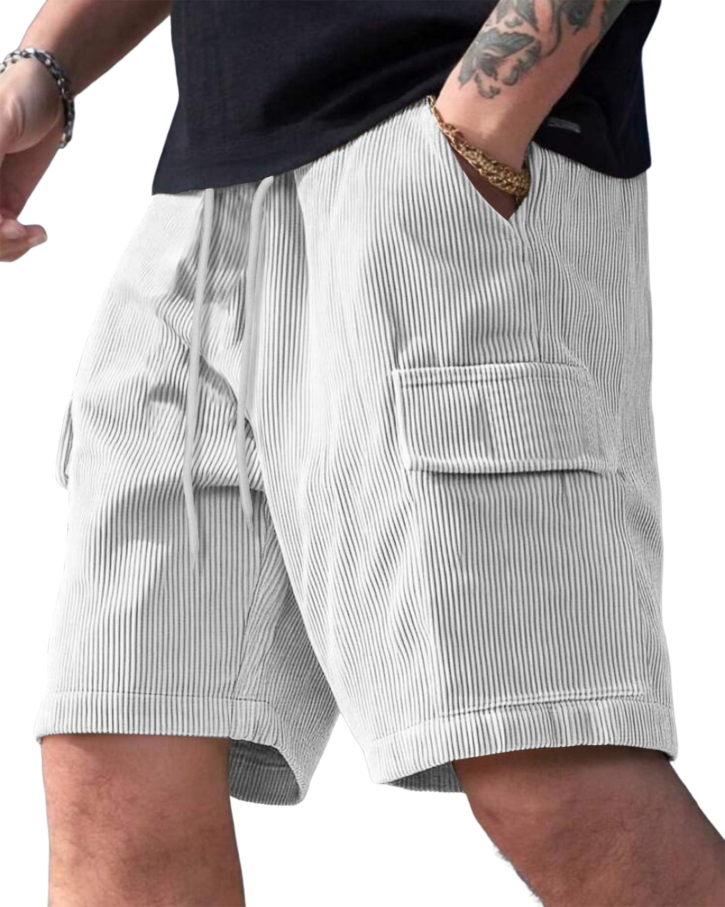 Men's Corduroy Multi-Pocket Summer Elastic Waist Casual Shorts