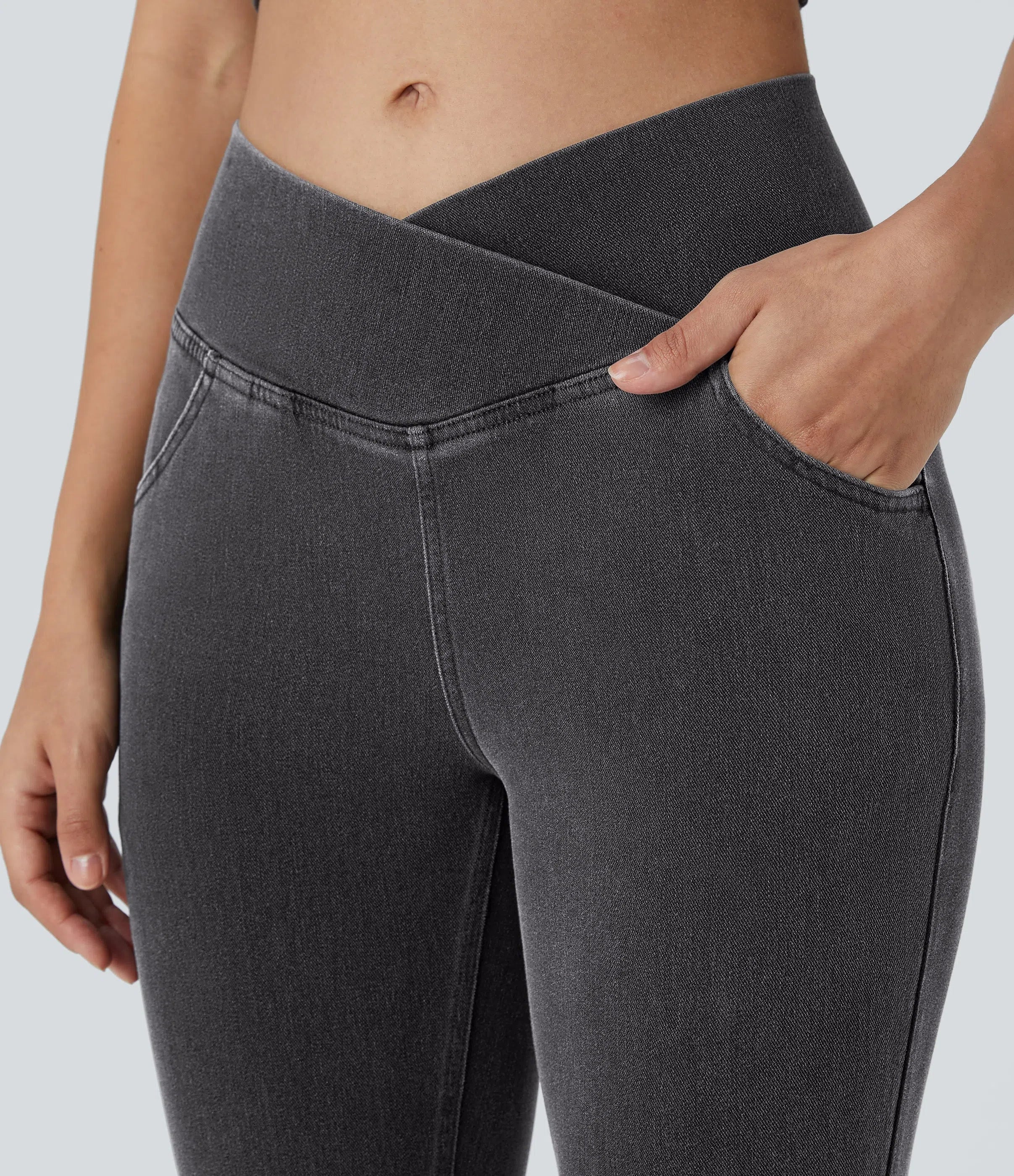 High Waisted Crossover Pocket Washed Stretchy Knit Casual Super Flare Jeans