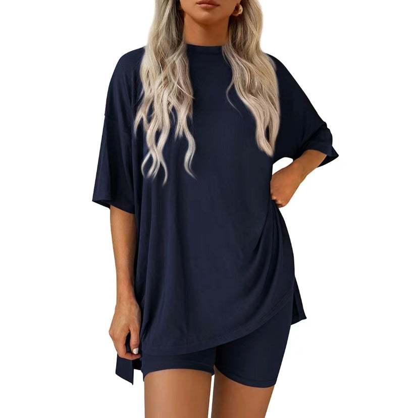 Women's Two Piece Lounge Set 2025 Summer Casual Oversized Shirts Biker Shorts Matching Airport Travel Outfit Split Hem