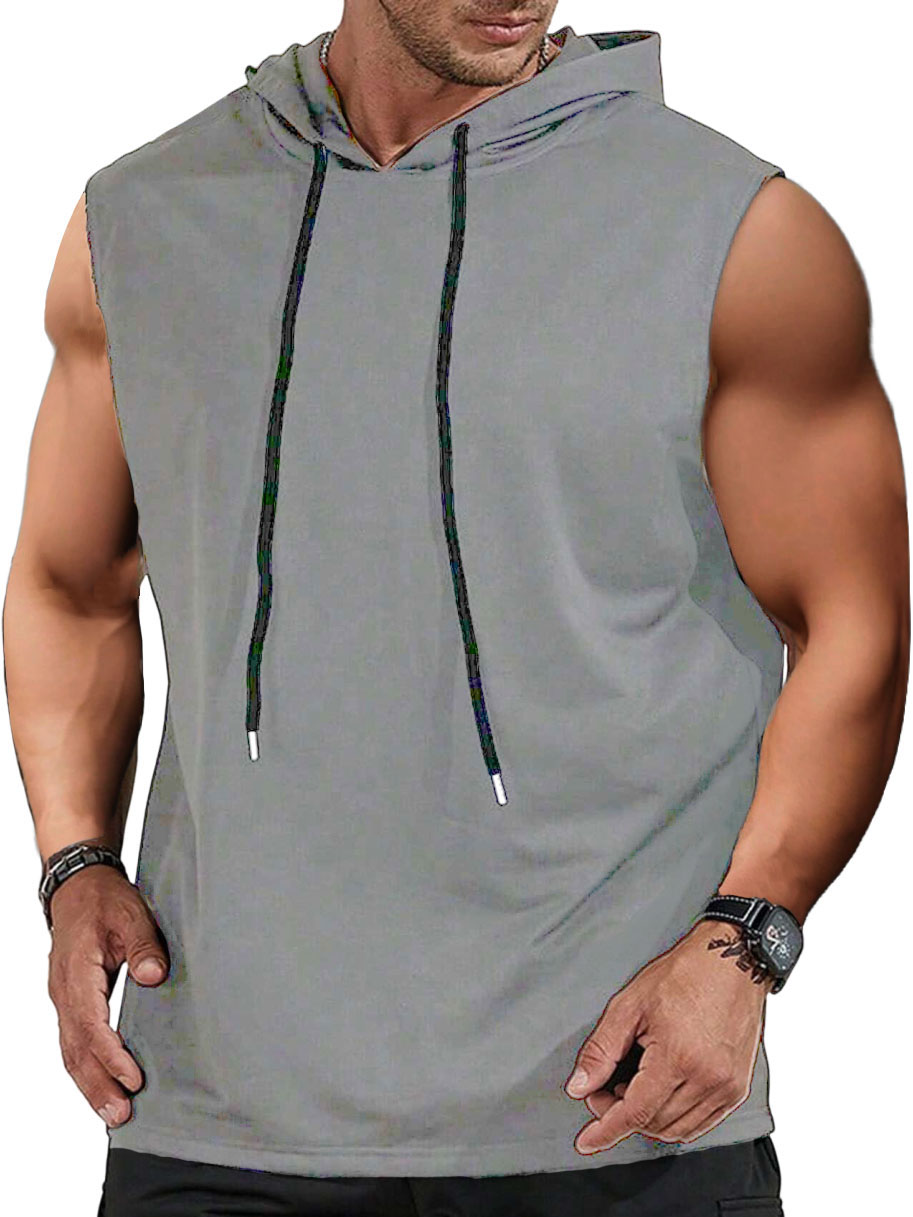 Men's Sports Casual Solid Color Shirt Hooded Tie Sleeveless T-shirt
