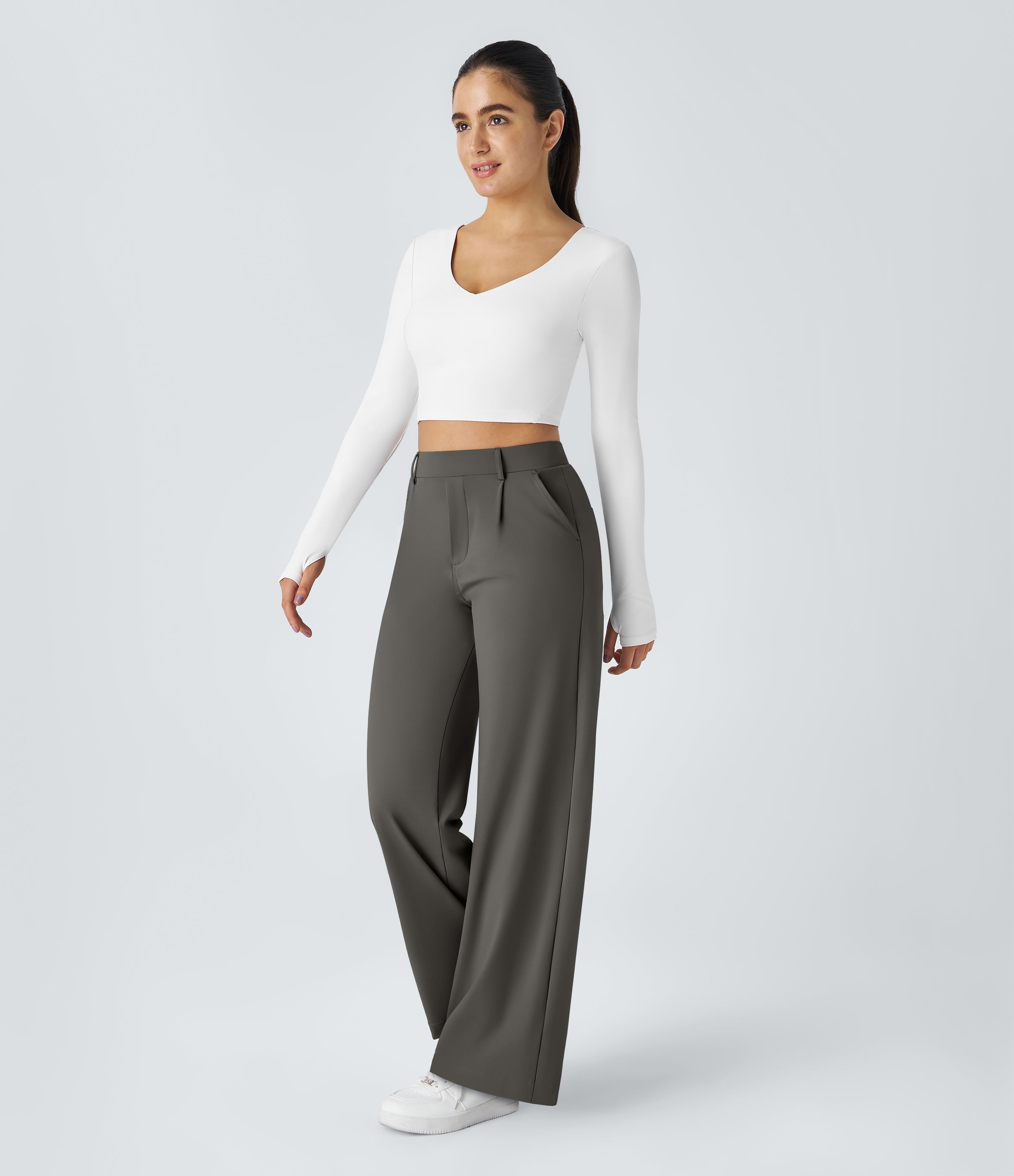 Factory Outlet - High Waisted Side Pocket Straight Leg Work Suit Pants