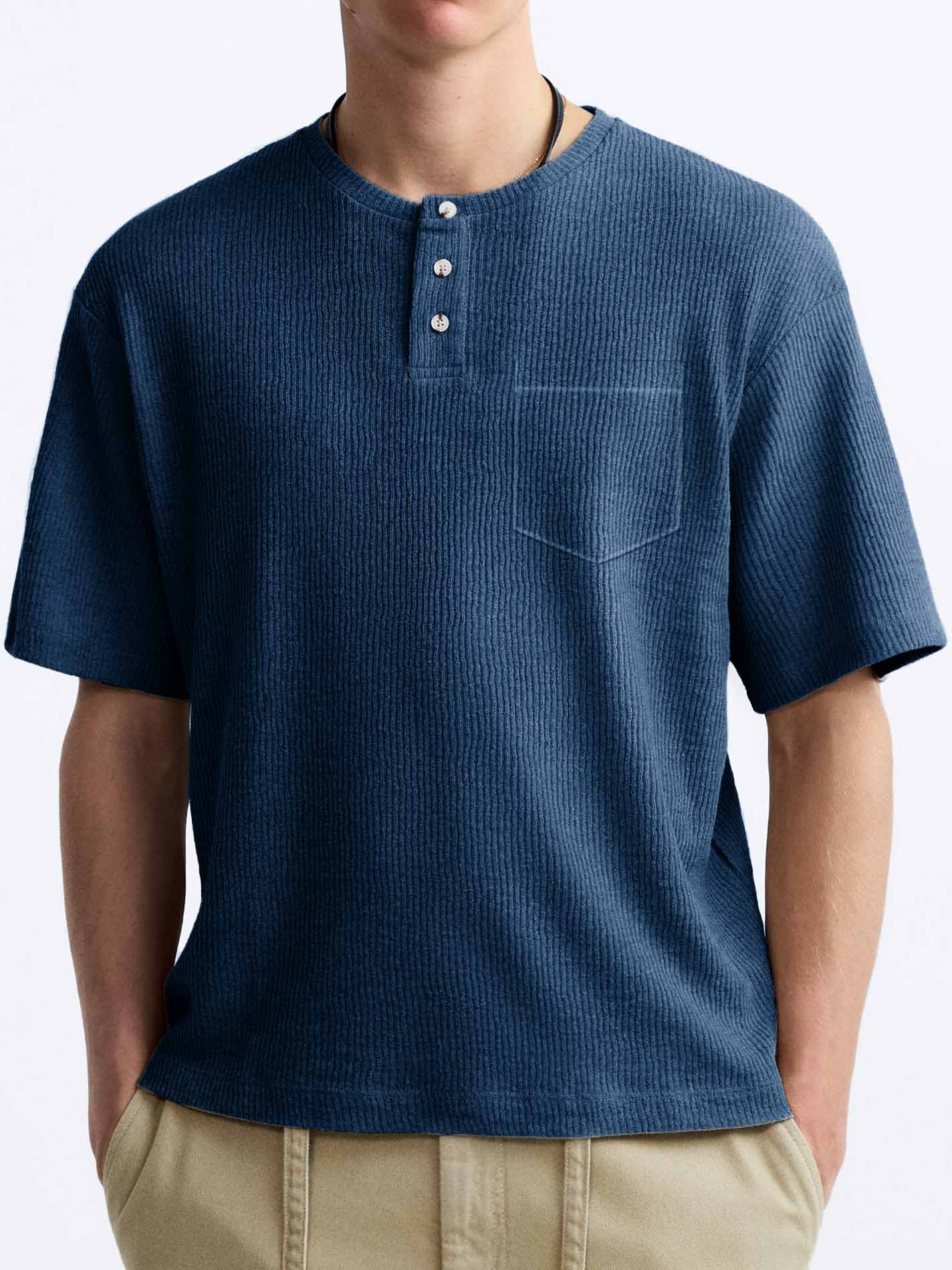 Men's Comfort Basics Striped Fabric Pocket Crew Neck Henley