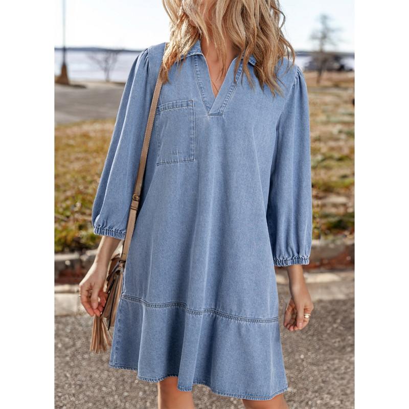 Denim Dress for Women Fashion Fall Casual Babydoll 2025 V Neck 3/4 Puff Sleeve Jean Dresses