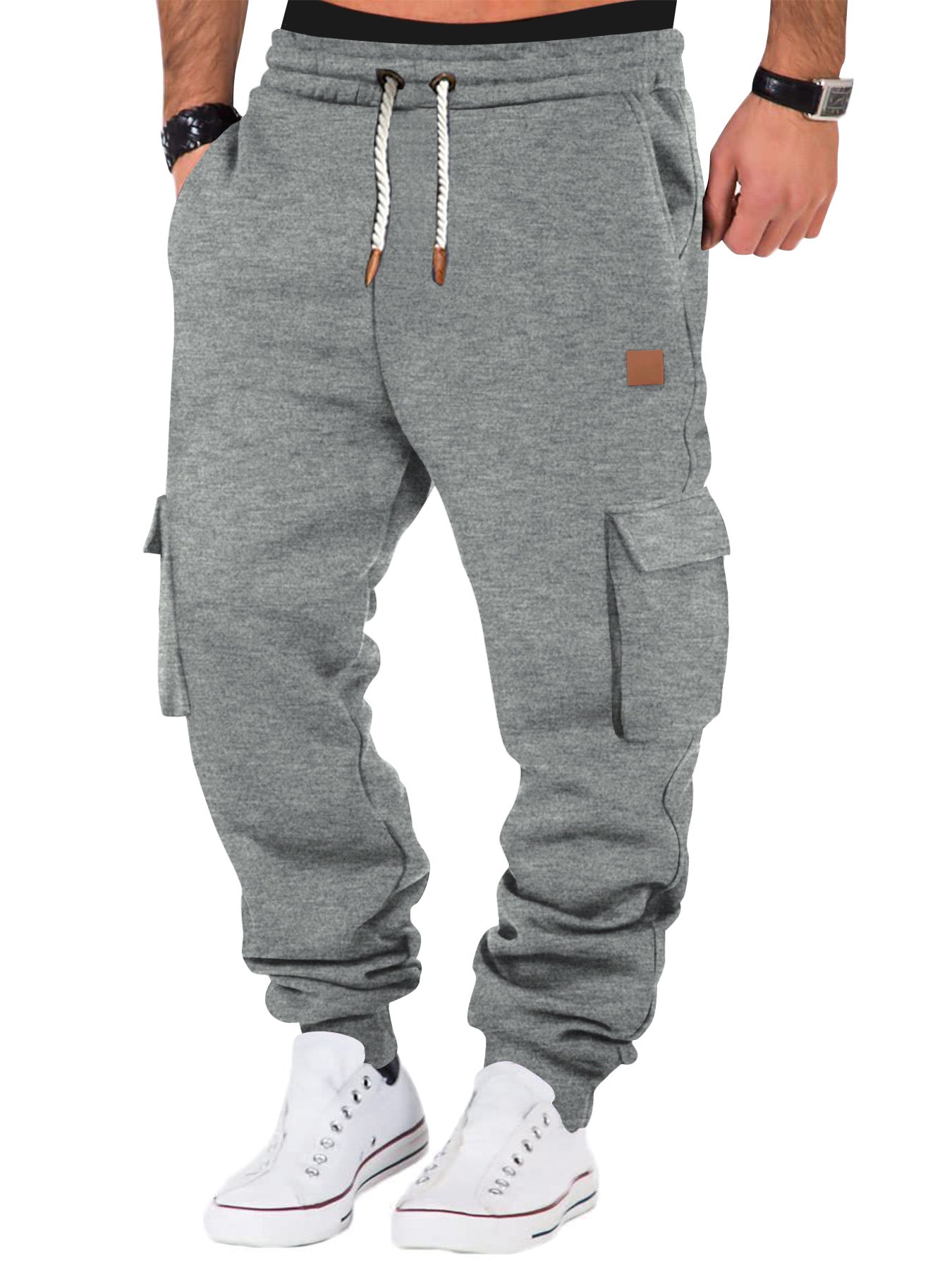 Men's Solid Color Multiple Pockets Drawstring Waist Sweatpants