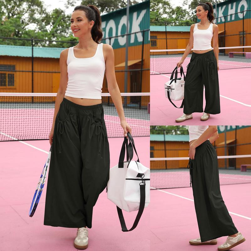 Women's Loose Wide Leg Track Pants Drawstring Pockets Elastic Waist Capri Hiking Pants