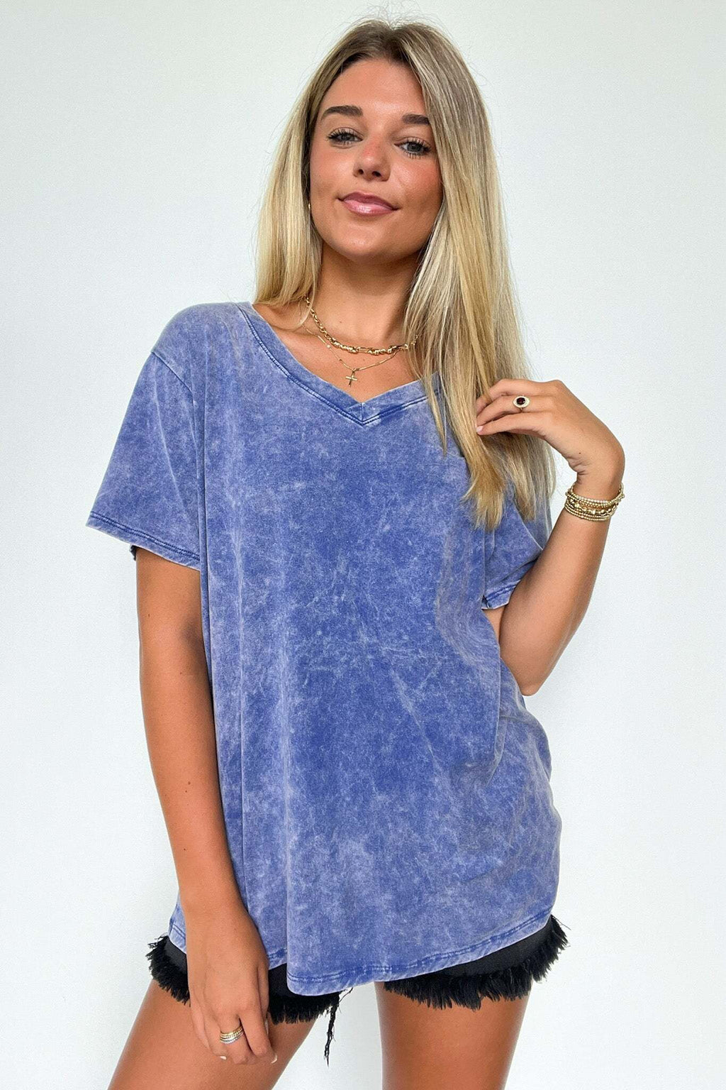 Soliel Acid Wash V-Neck Relaxed Fit Top - BACK IN STOCK