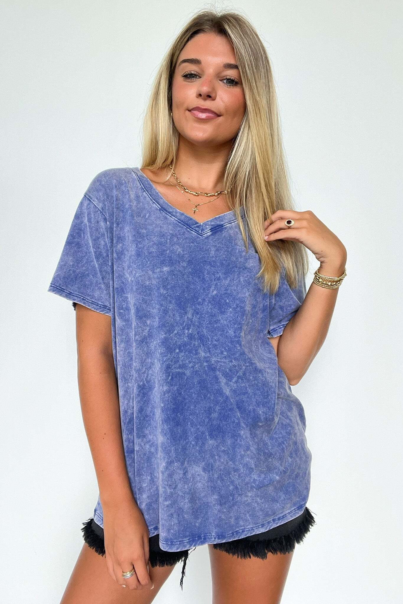 Soliel Acid Wash V-Neck Relaxed Fit Top - BACK IN STOCK