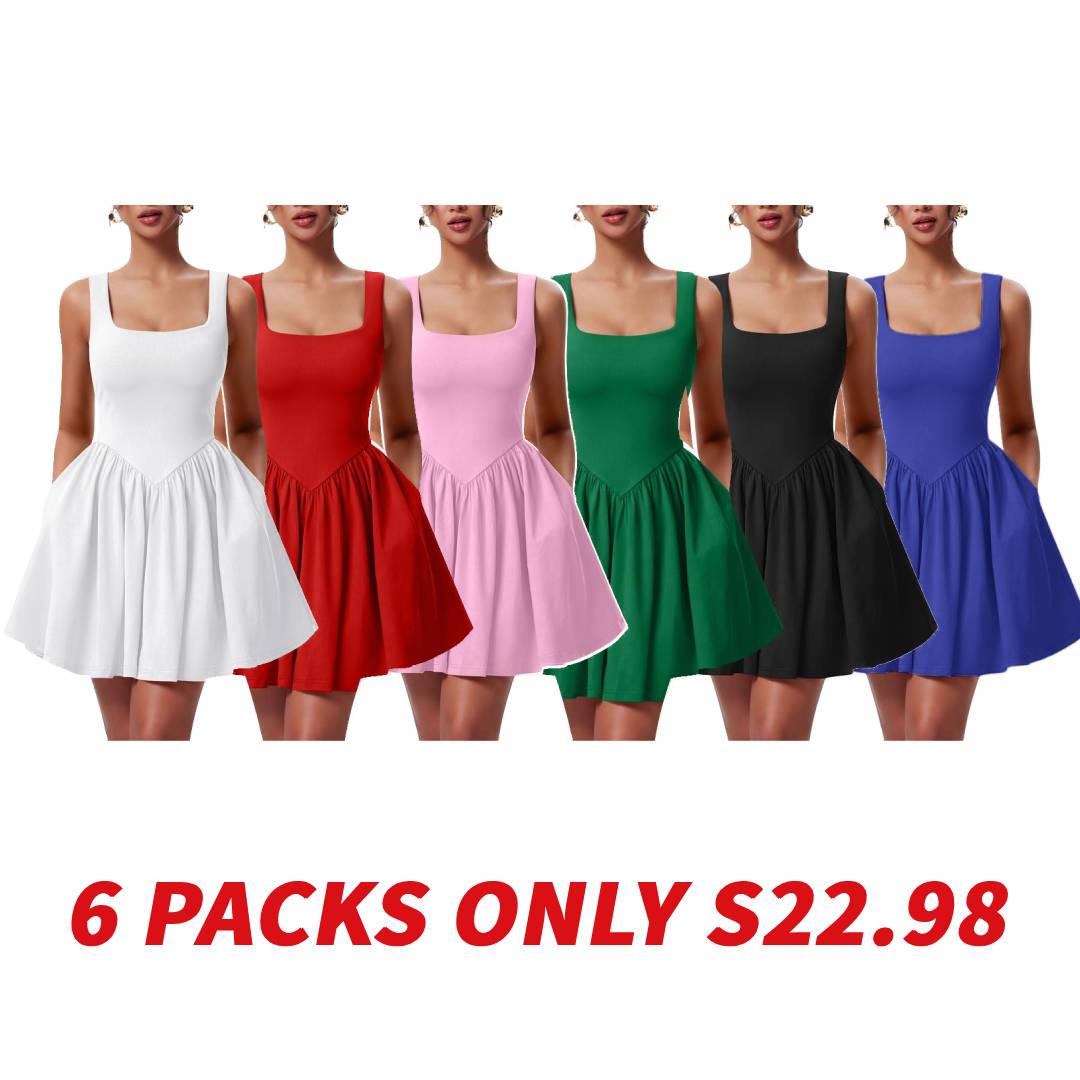 OYS Women's Summer Sleeveless Square Neck A-line Ruffle Hem Mini Tank Dress With Pockets