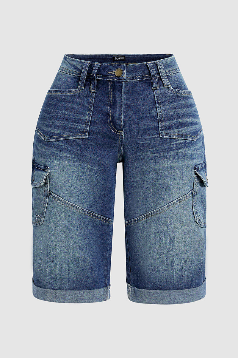 Flap Pocket Roll Hem Denim Bermuda Shorts Without Belt