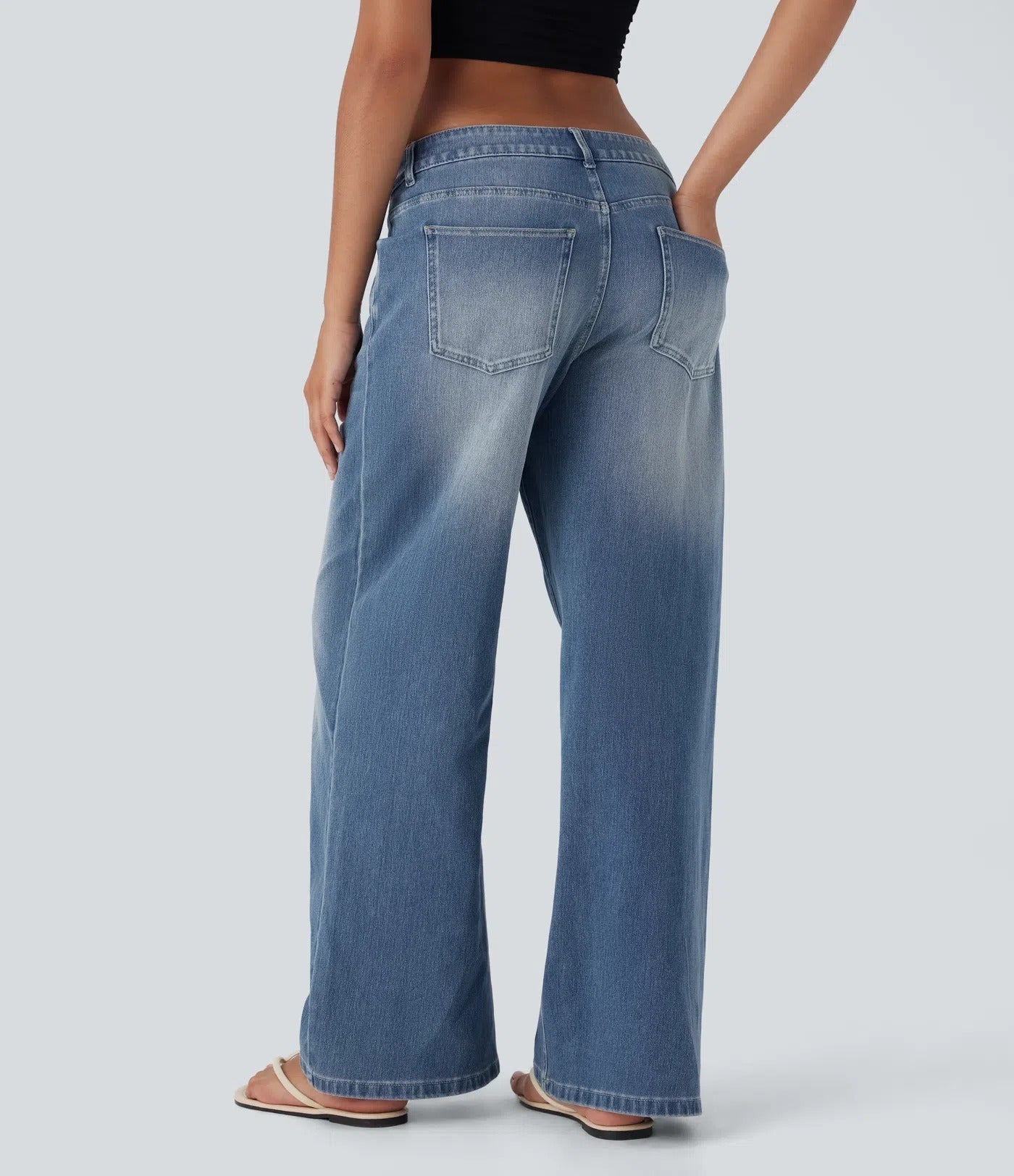 Asymmetric Low Rise Zipper Pockets Baggy Wide Leg Washed Casual Jeans