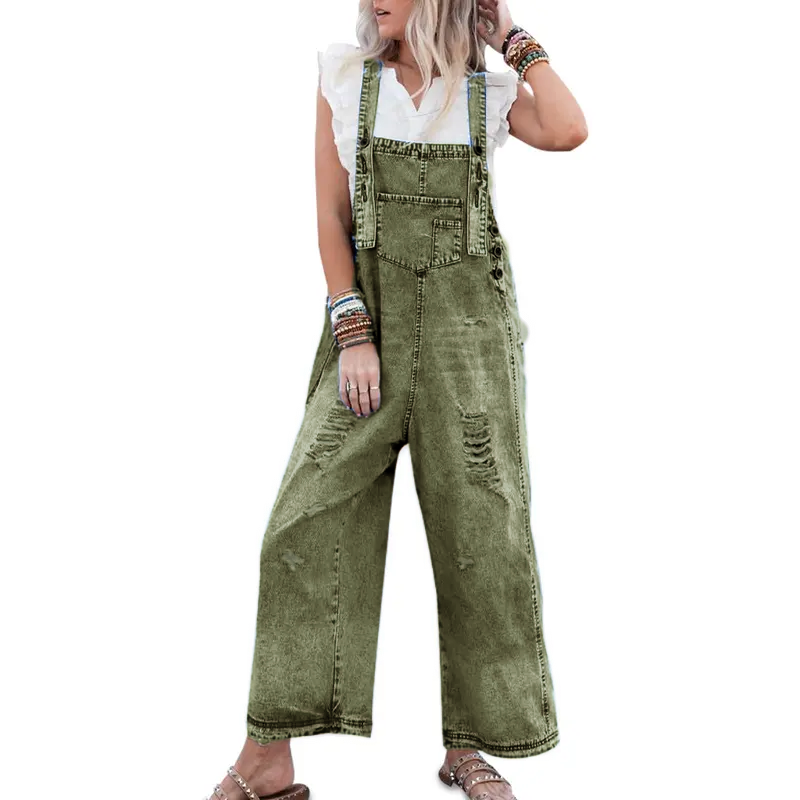 Women's Denim Overalls Casual Jumpsuits Loose Fit Adjustable Strap Distressed Bib Jeans Overall Jumpsuits