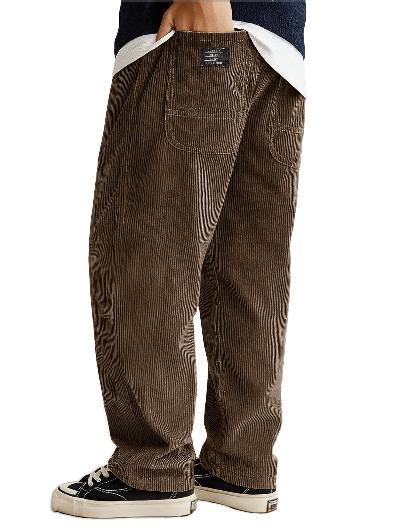 Men's Stylish Everyday Corduroy Ribbed Fabric Pants With Loose-fitting Drawstring Waist And Embroidered Logo