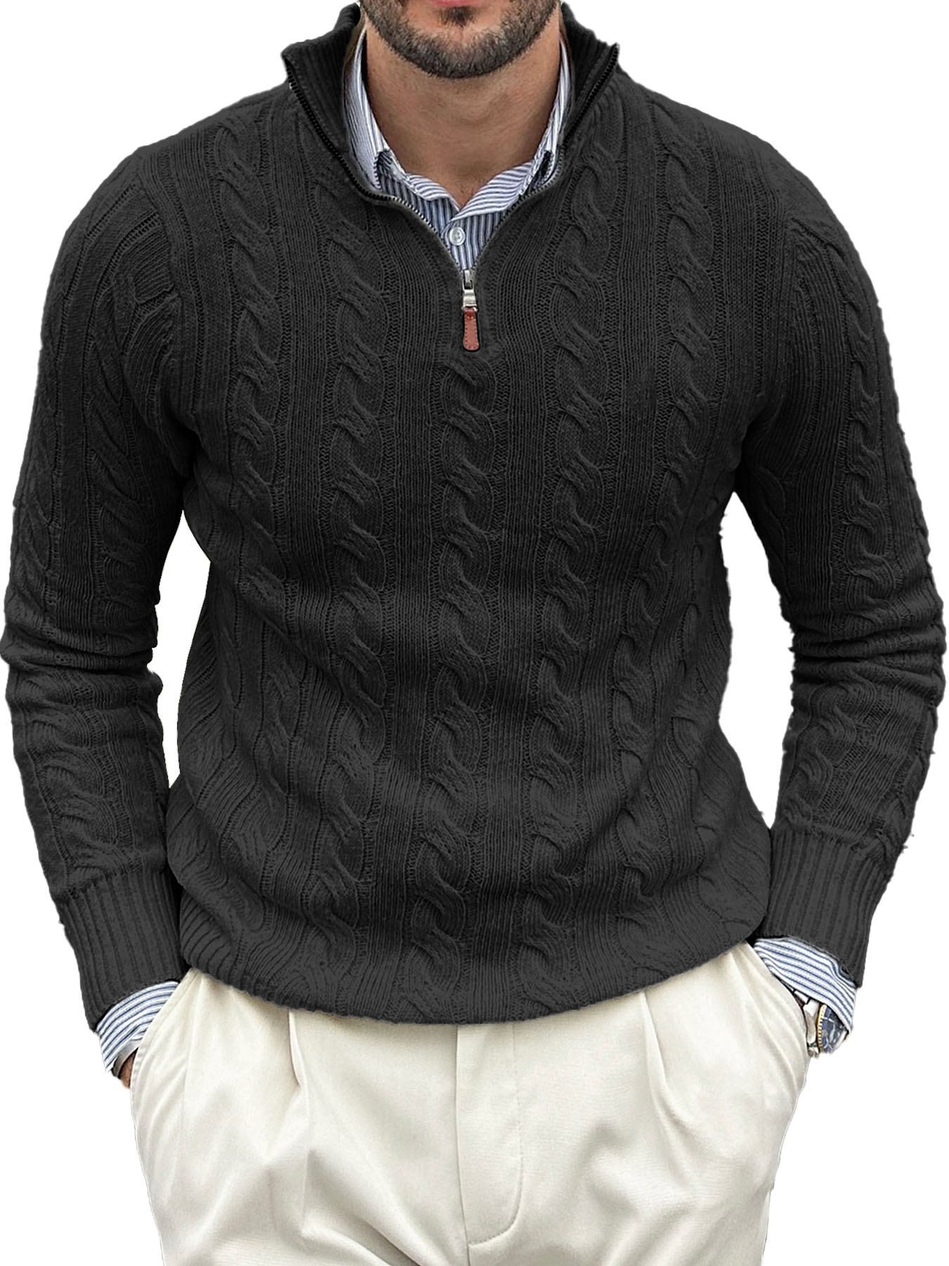 Men's Fashion Casual Stand Collar Twist Long Sleeve Zipper Sweater