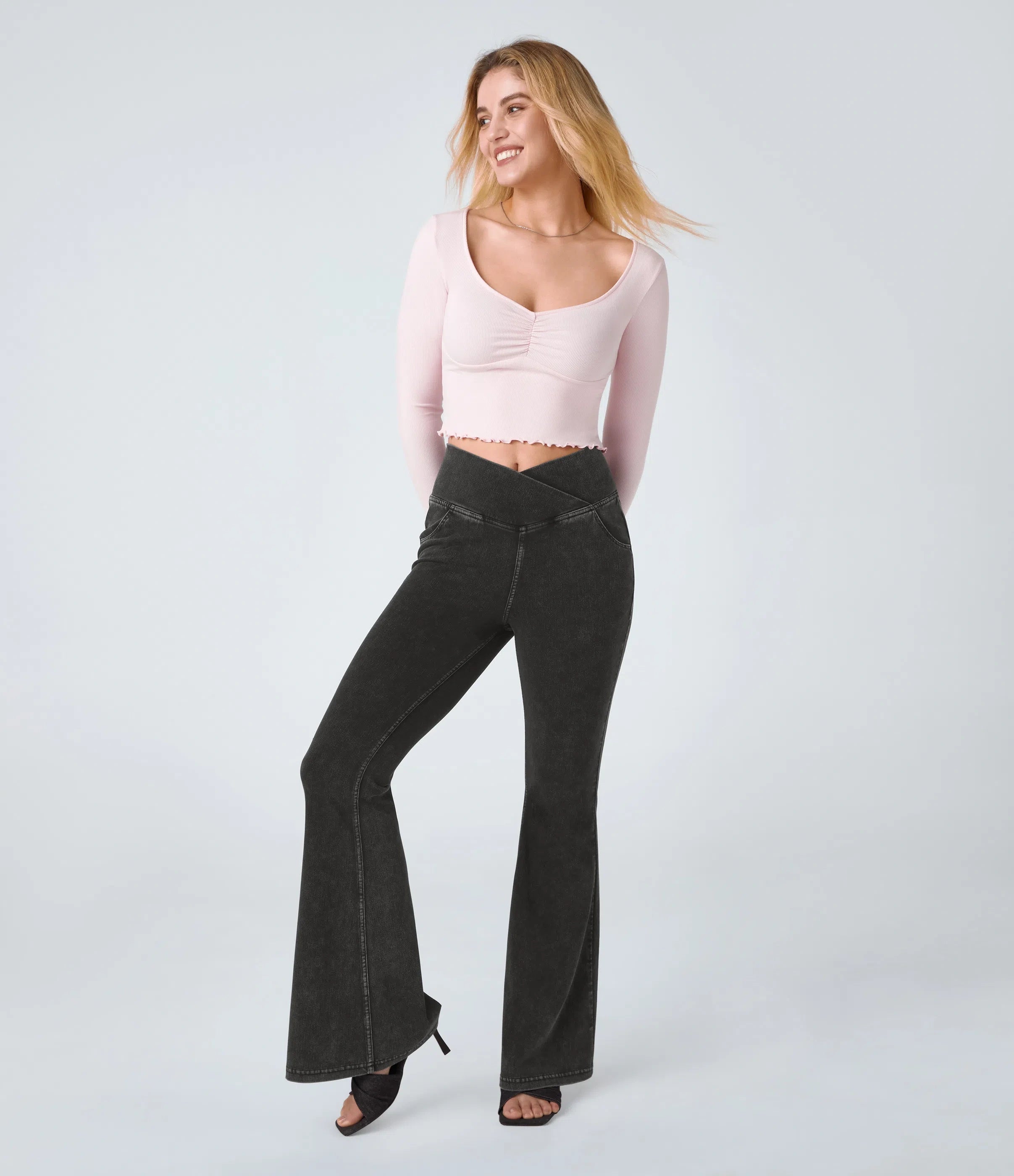 ⚡High Waisted Crossover Pocket Washed Stretchy Knit Casual Super Flare Jeans⚡