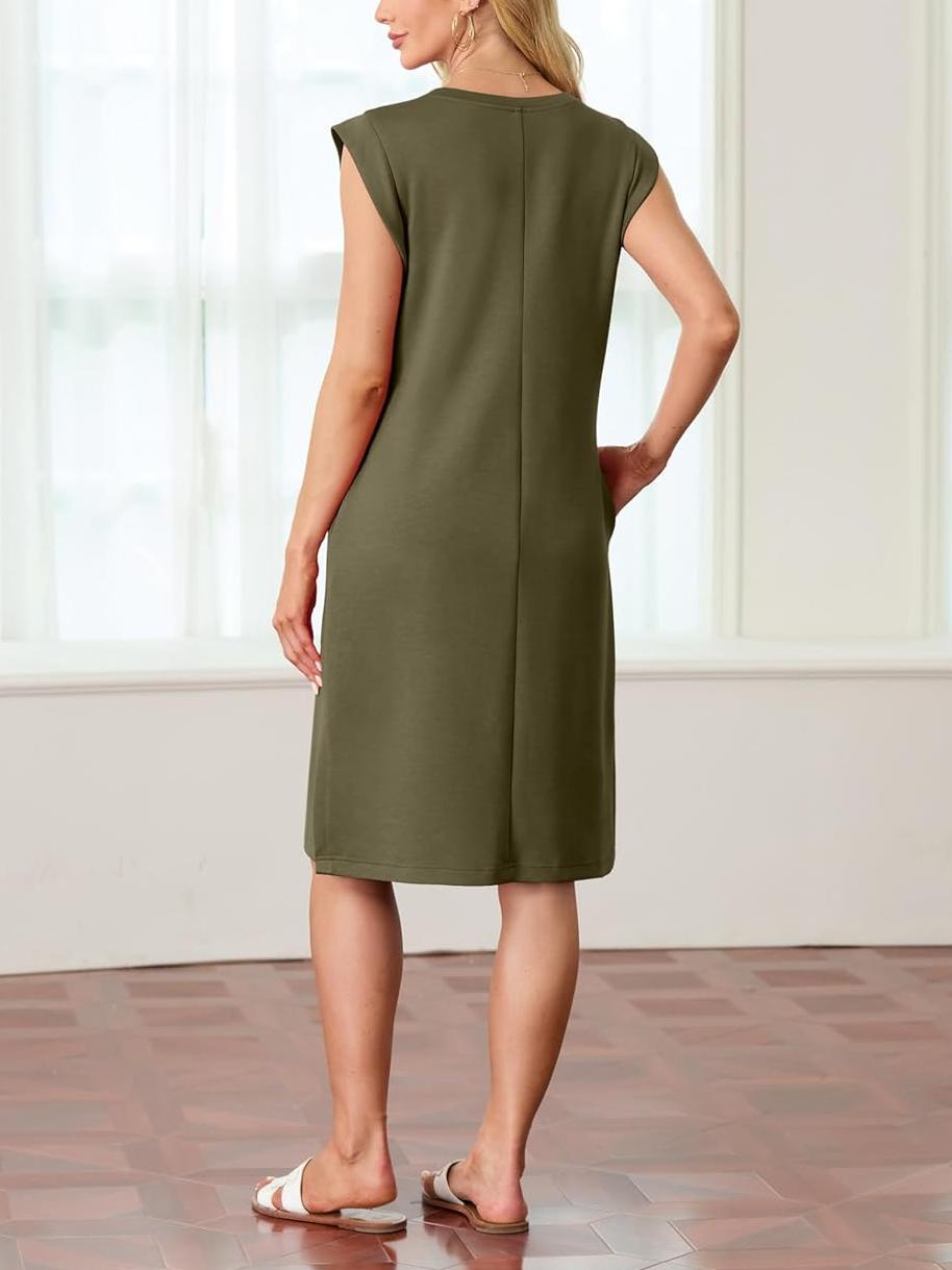 ⏰Final Sale-Women Round Neck Loose Split Wrinkle-Free Midi Dress with Pockets